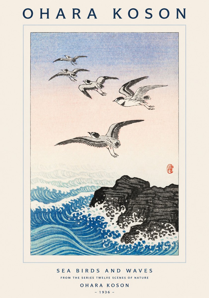 Ohara Koson Sea Birds and Waves No1 - Affiche
