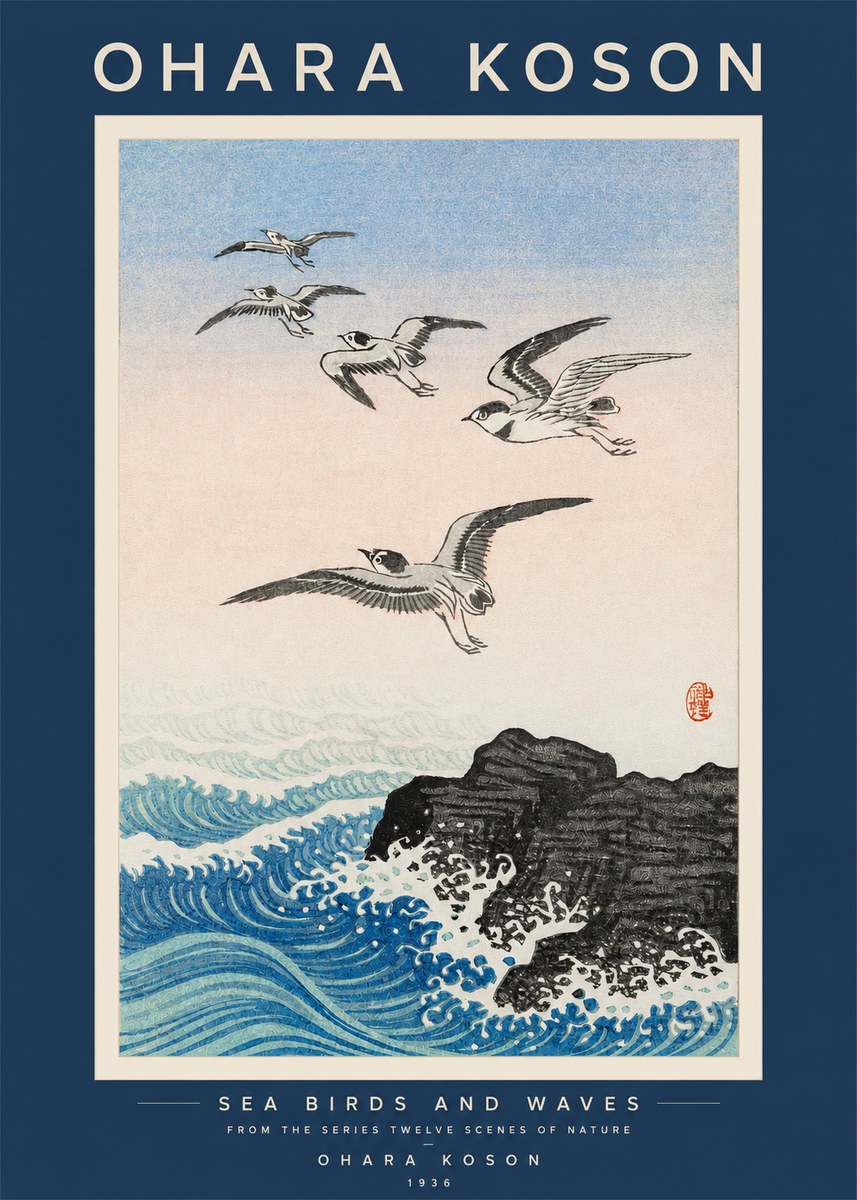 Ohara Koson Sea Birds and Waves No2 - Affiche
