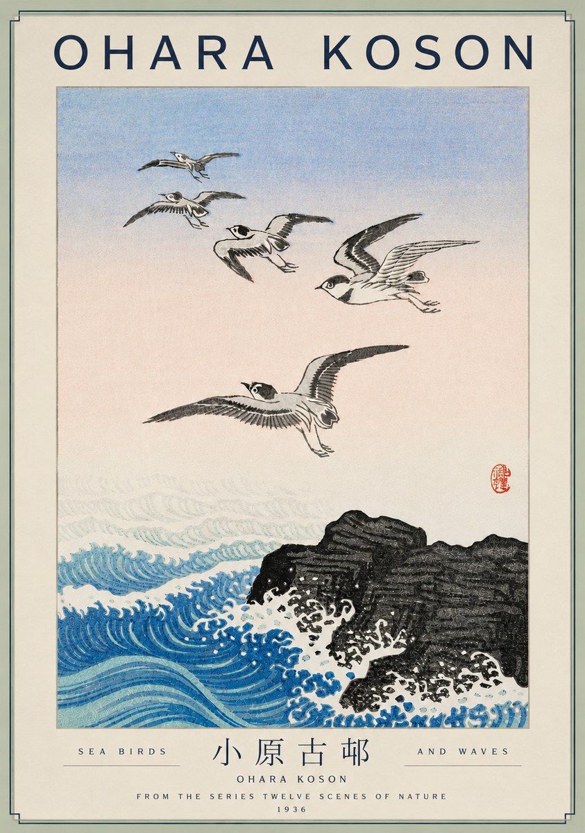 Ohara Koson Sea Birds and Waves No4 - Affiche