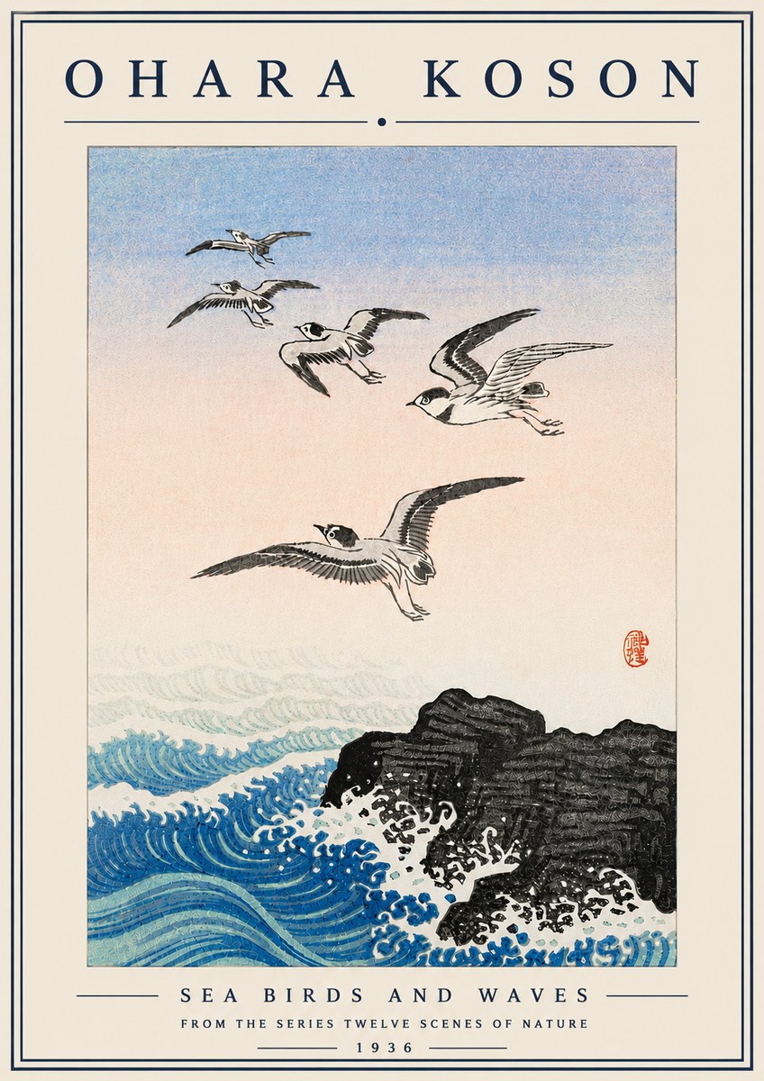 Ohara Koson Sea Birds and Waves No6 - Affiche