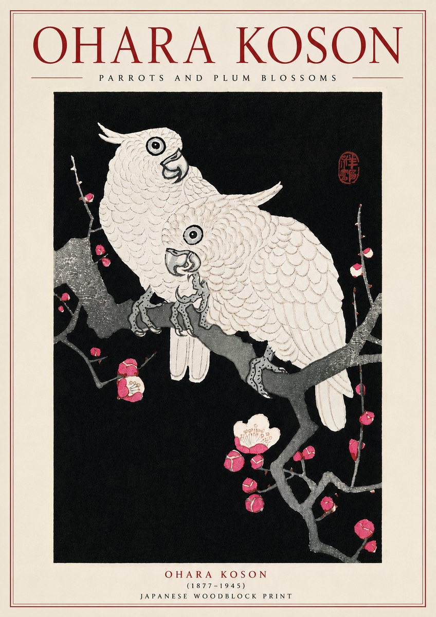 Ohara Koson Parrots and Plum Blossoms No5 - Affiche