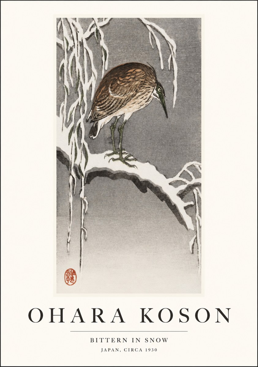 Ohara Koson Bittern in Snow No1 - Affiche