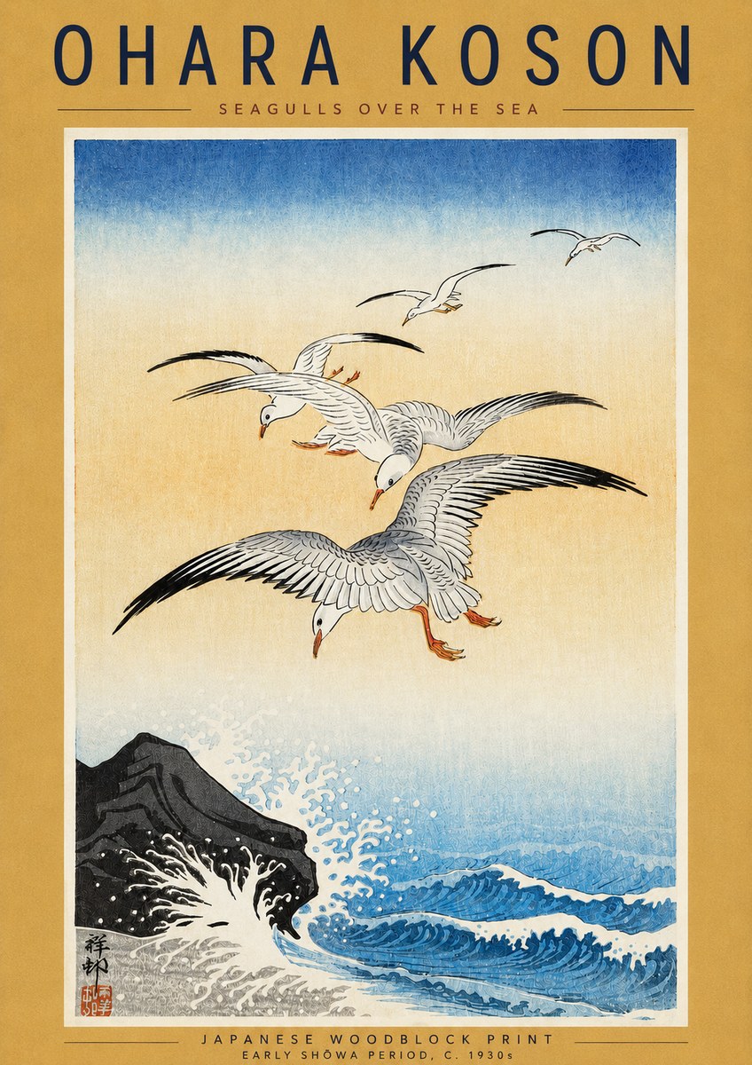 Ohara Koson Seagulls over the Sea No4 - Affiche