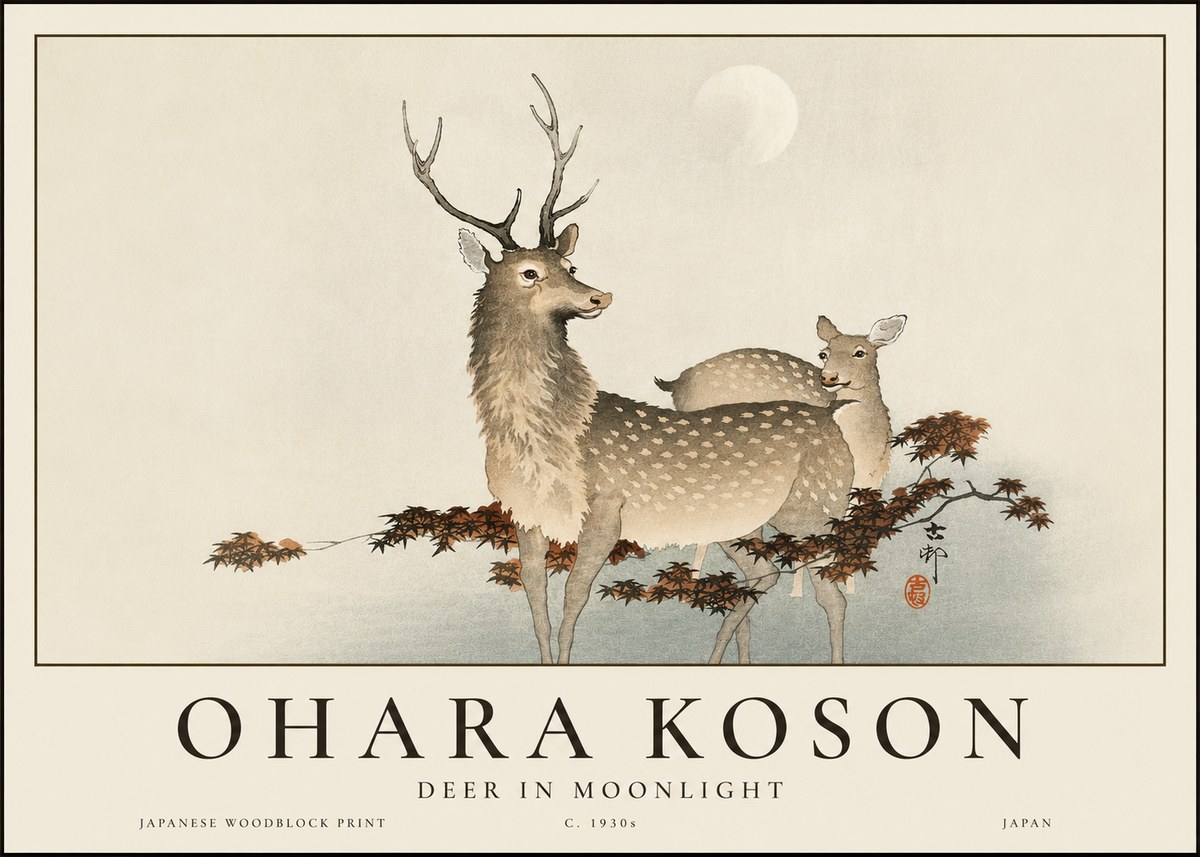 Ohara Koson Deer in Moonlight No3 - Affiche