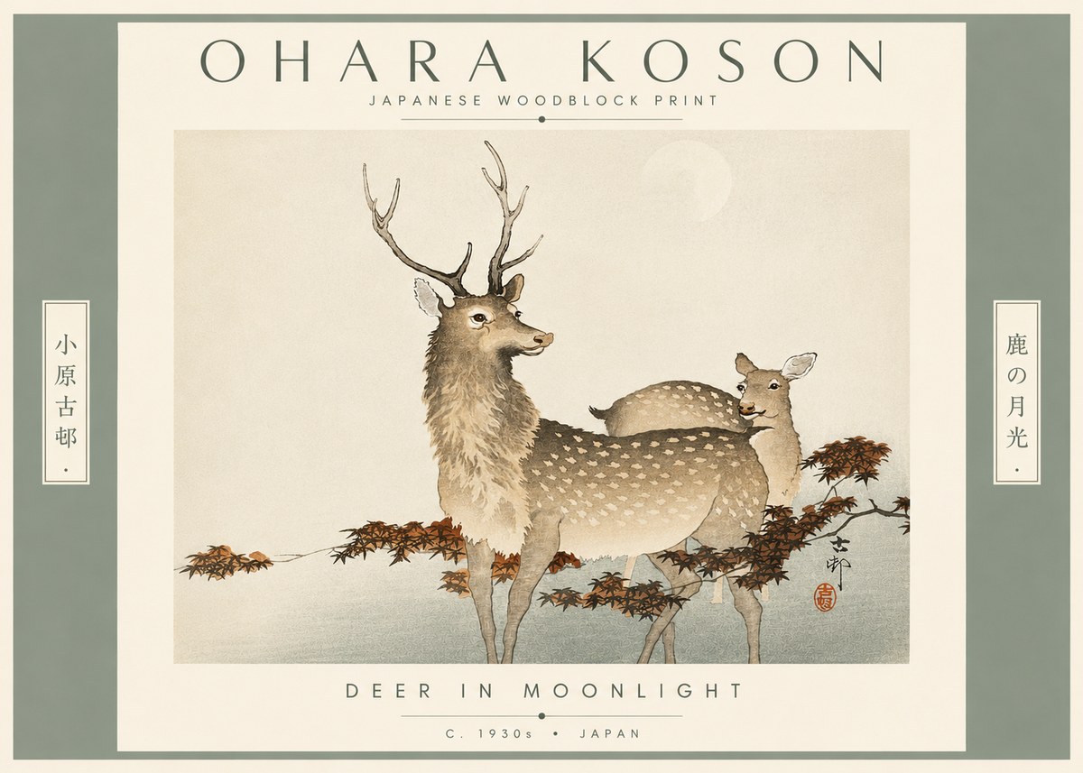 Ohara Koson Deer in Moonlight No4 - Affiche