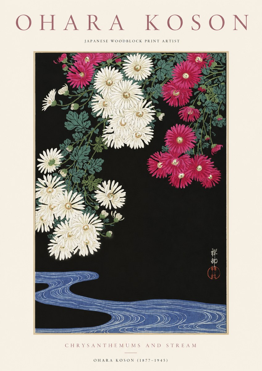 Ohara Koson Chrysanthemums and Stream No1 - Affiche