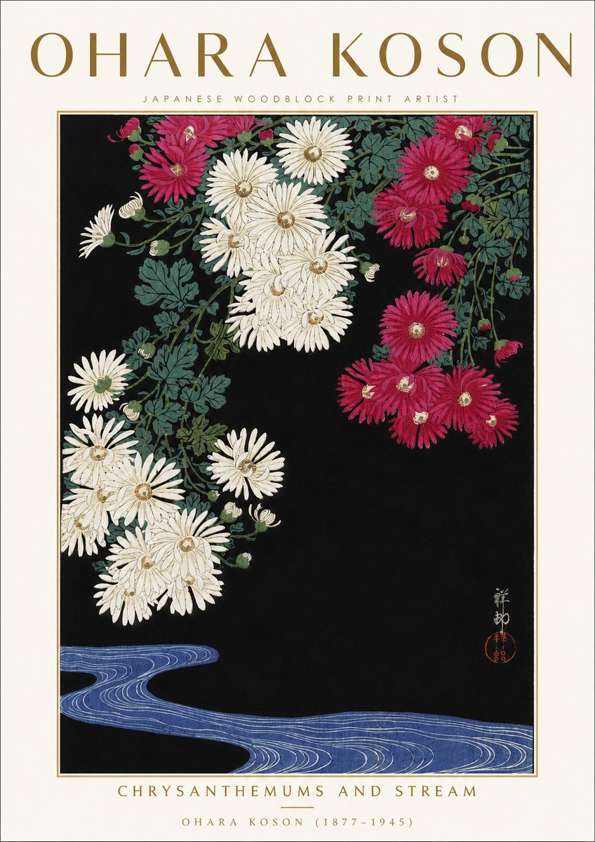 Ohara Koson Chrysanthemums and Stream No3 - Affiche