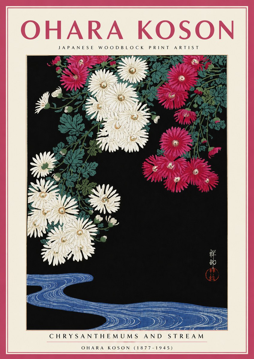 Ohara Koson Chrysanthemums and Stream No5 - Affiche