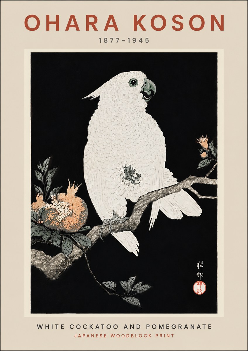 Ohara Koson White Cockatoo and Pomegranate II No2 - Affiche