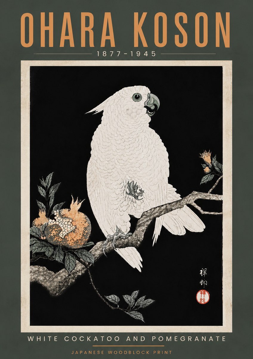 Ohara Koson White Cockatoo and Pomegranate II No5 - Affiche