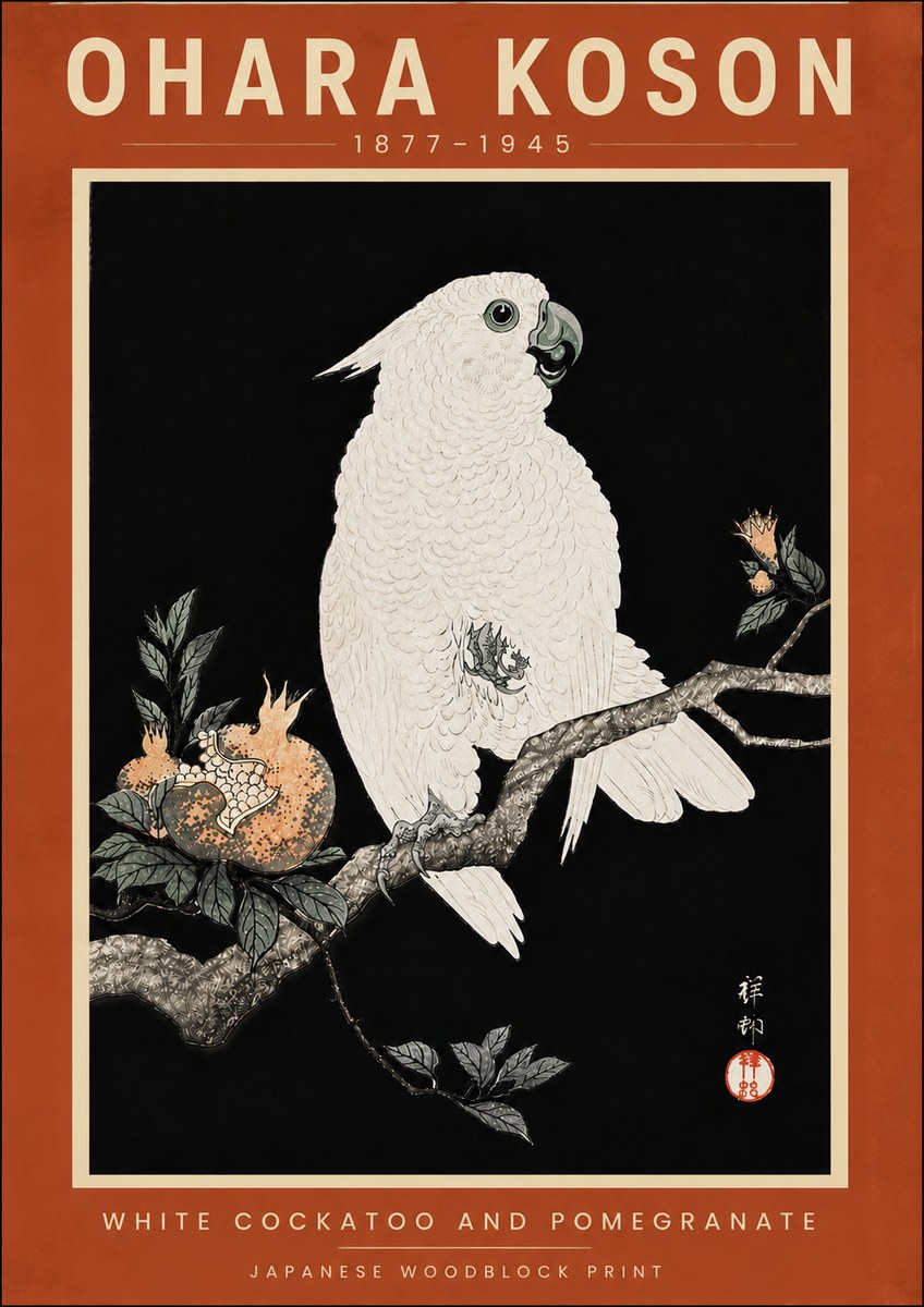 Ohara Koson White Cockatoo and Pomegranate II No6 - Affiche