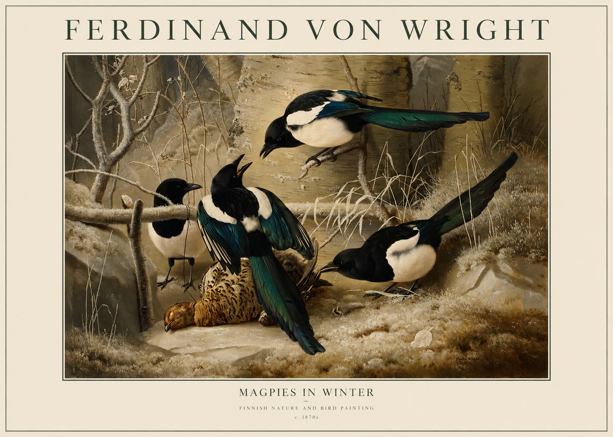 Ferdinand von Wright Magpies in Winter No1 - Affiche