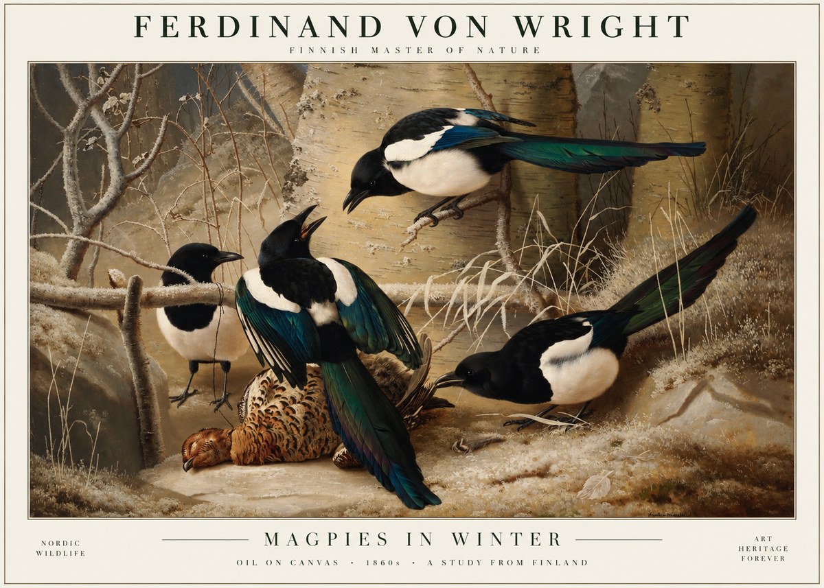 Ferdinand von Wright Magpies in Winter No4 - Affiche