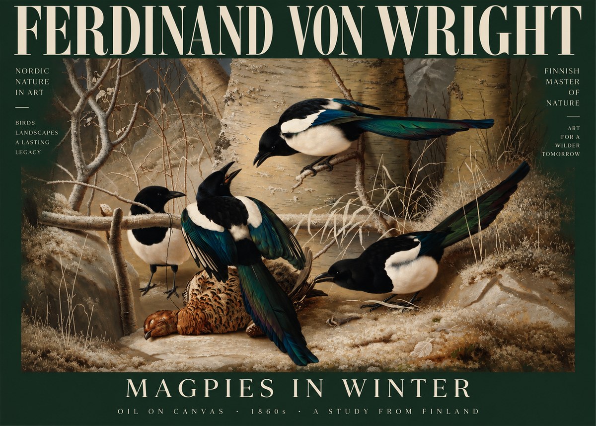 Ferdinand von Wright Magpies in Winter No5 - Affiche