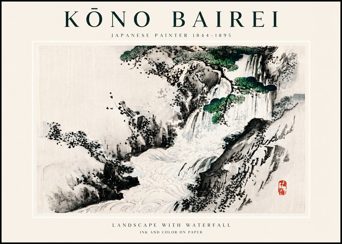 Kōno Bairei Landscape with Waterfall No3 - Affiche