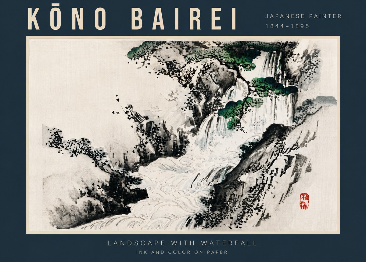 Kōno Bairei Landscape with Waterfall No4 - Affiche