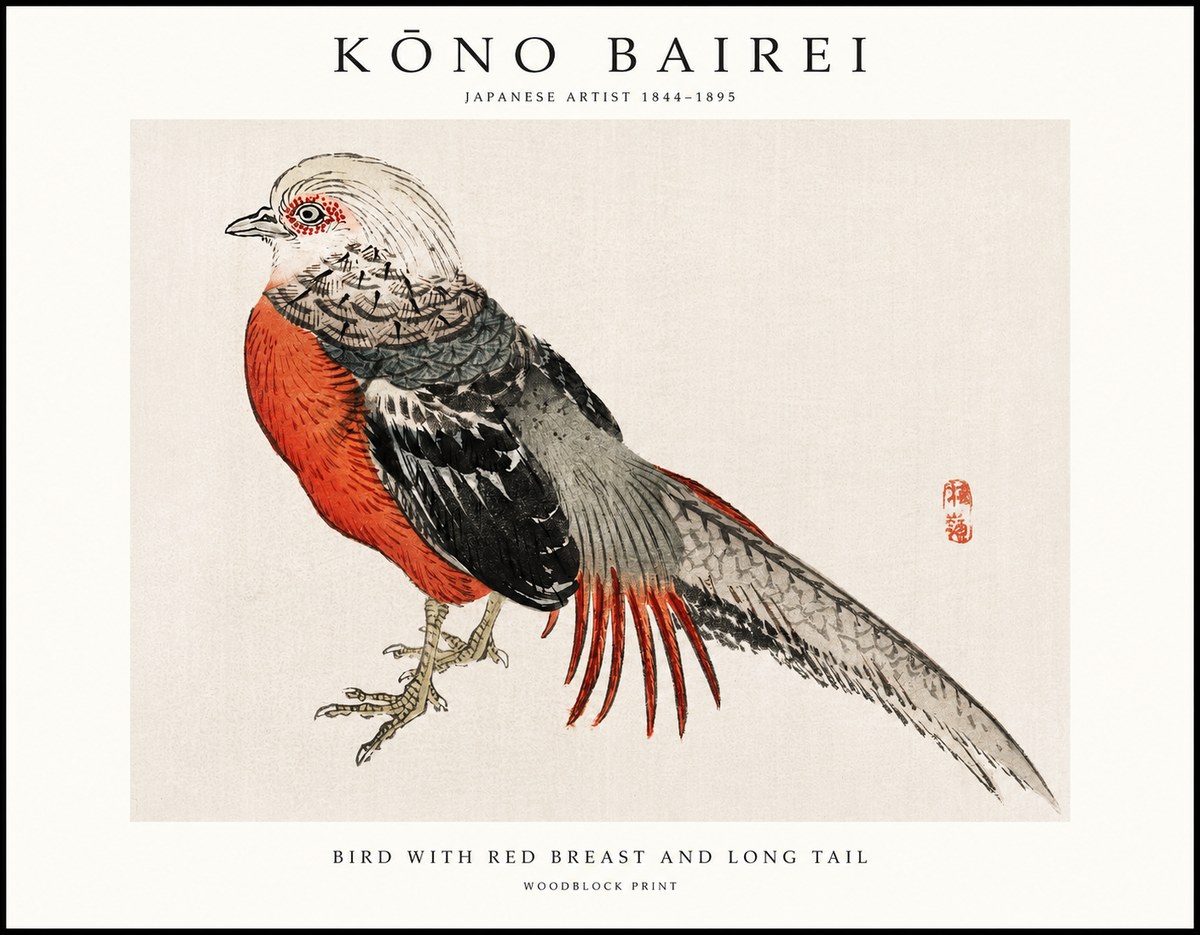 Kōno Bairei Bird with Red Breast and Long Tail No1 - Affiche