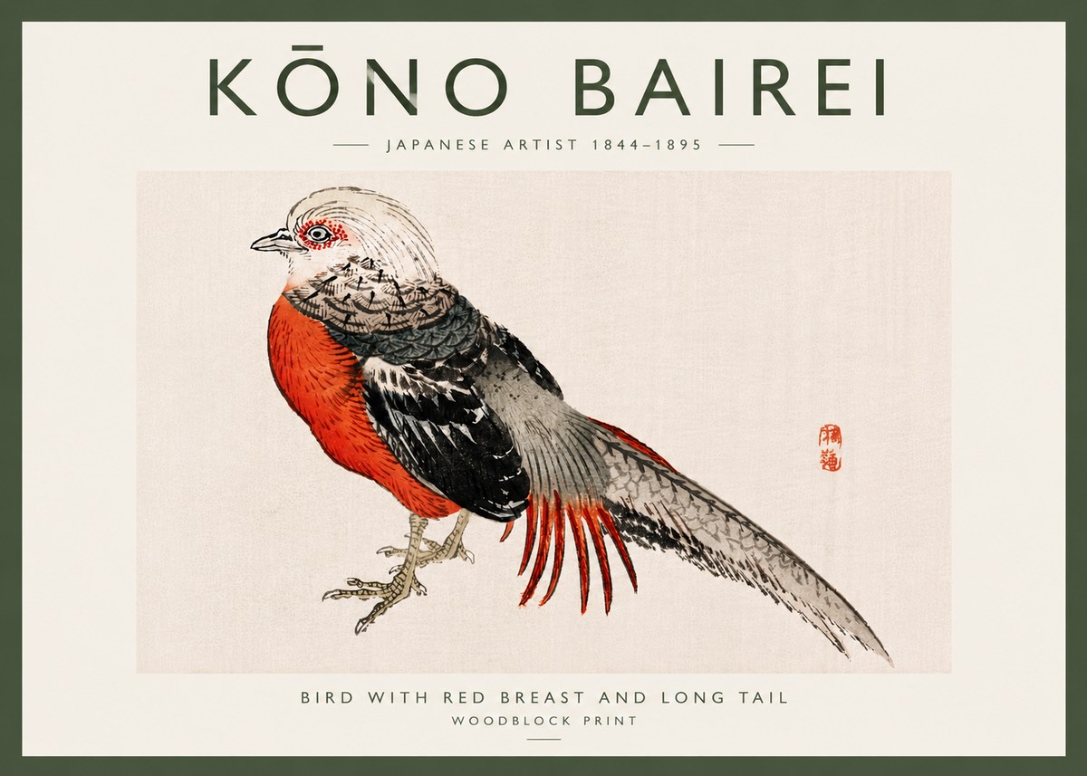 Kōno Bairei Bird with Red Breast and Long Tail No6 - Affiche