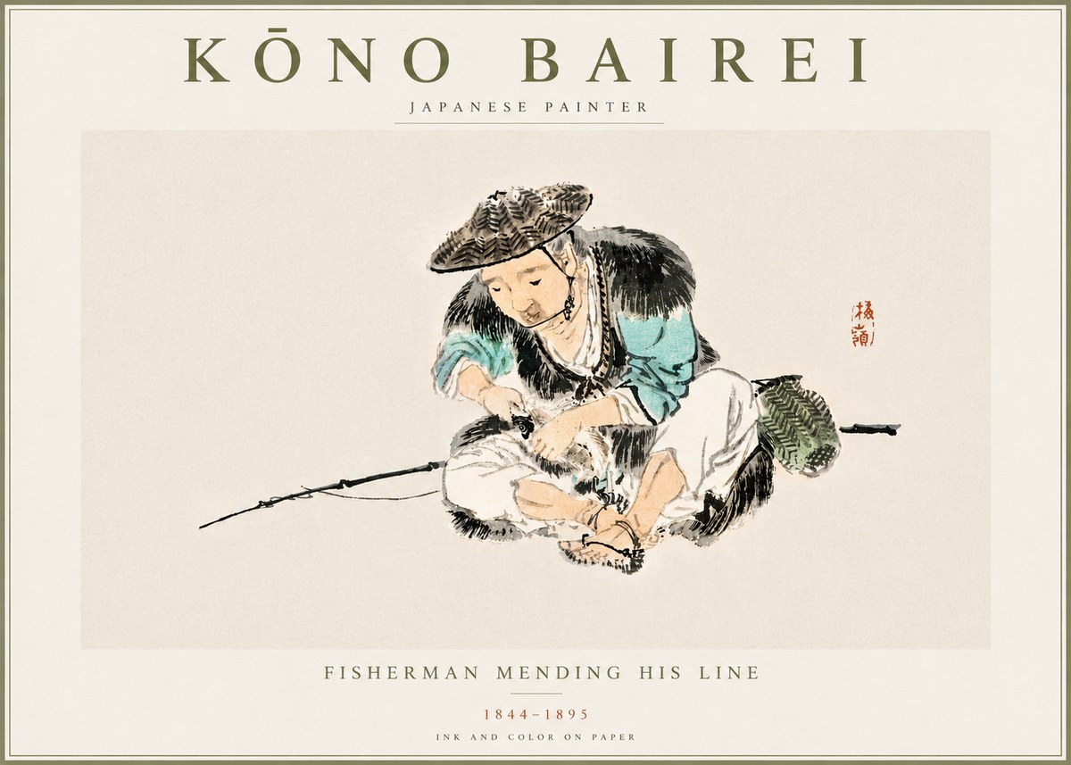 Kōno Bairei Fisherman Mending His Line No5 - Affiche