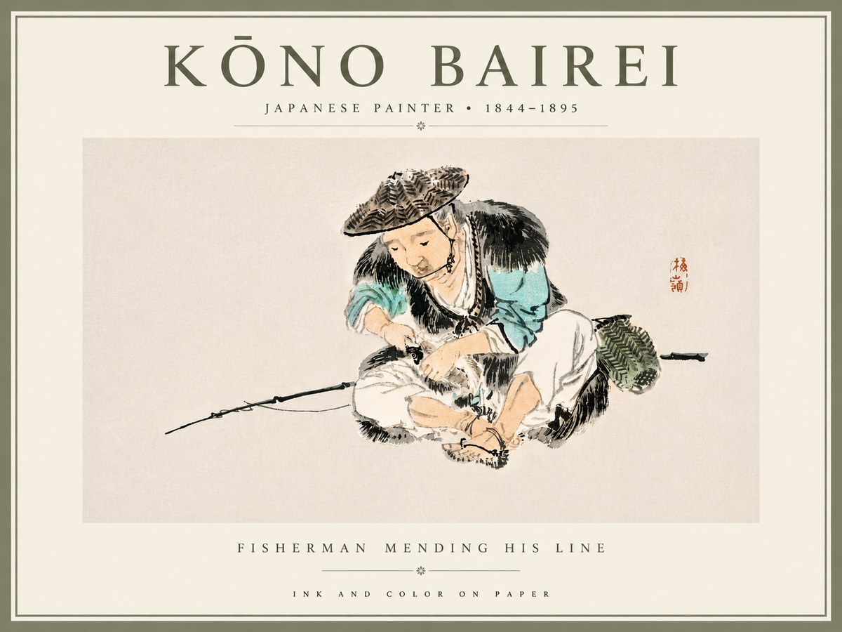 Kōno Bairei Fisherman Mending His Line No6 - Affiche