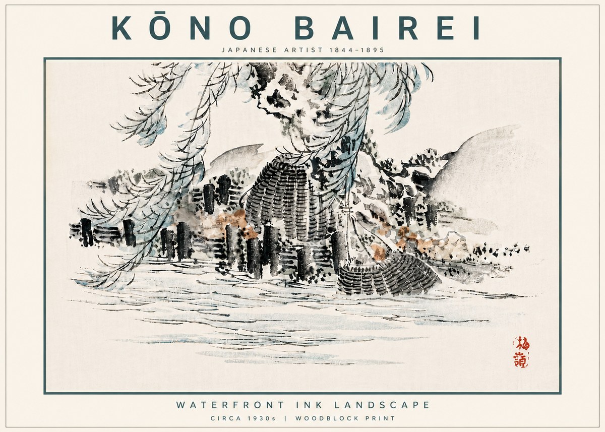 Kōno Bairei Waterfront Ink Landscape No6 - Affiche