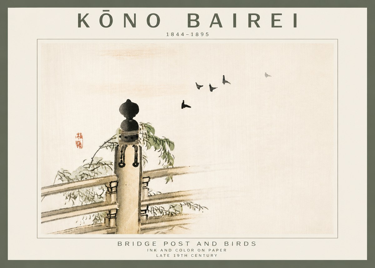 Kōno Bairei Bridge Post and Birds No4 - Affiche