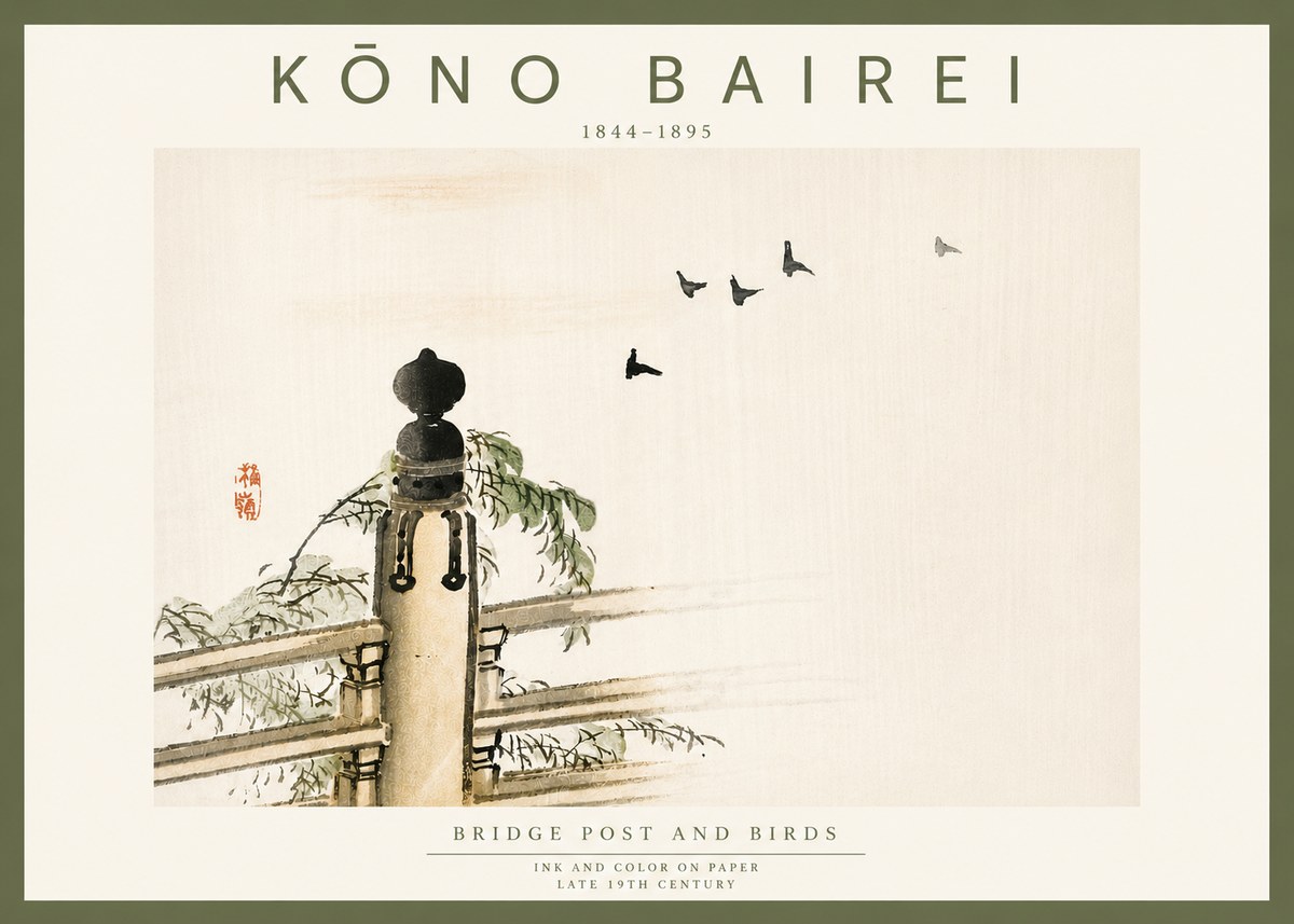 Kōno Bairei Bridge Post and Birds No6 - Affiche
