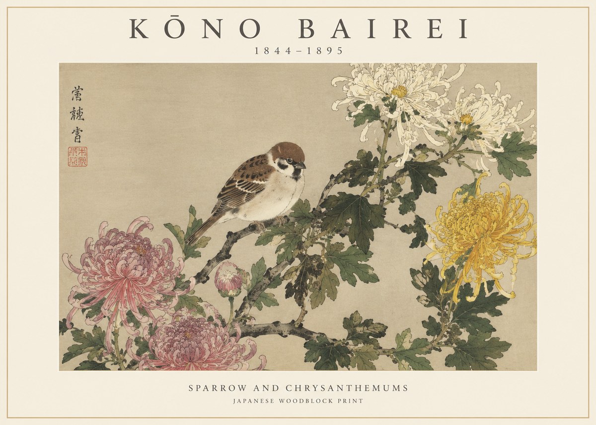 Kōno Bairei Sparrow and Chrysanthemums No1 - Affiche