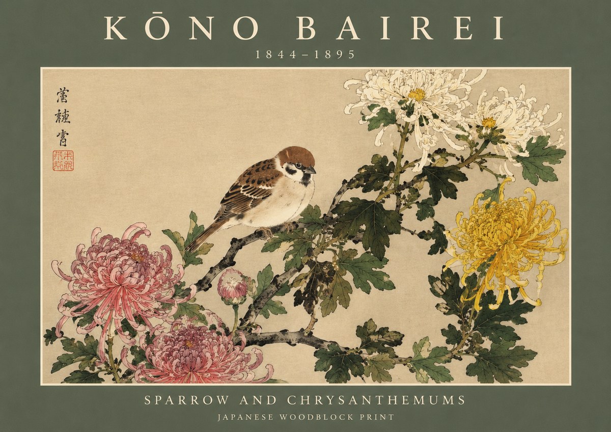 Kōno Bairei Sparrow and Chrysanthemums No2 - Affiche