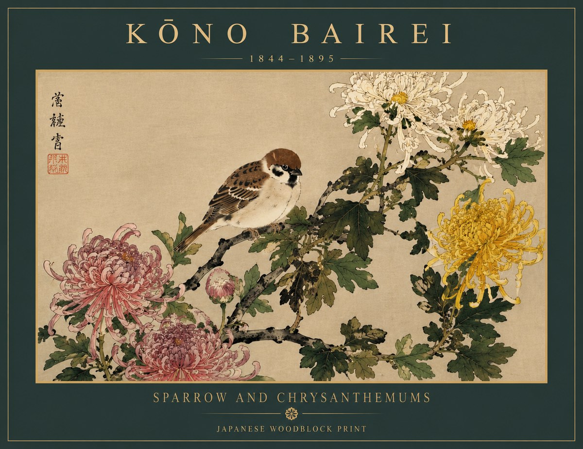 Kōno Bairei Sparrow and Chrysanthemums No5 - Affiche