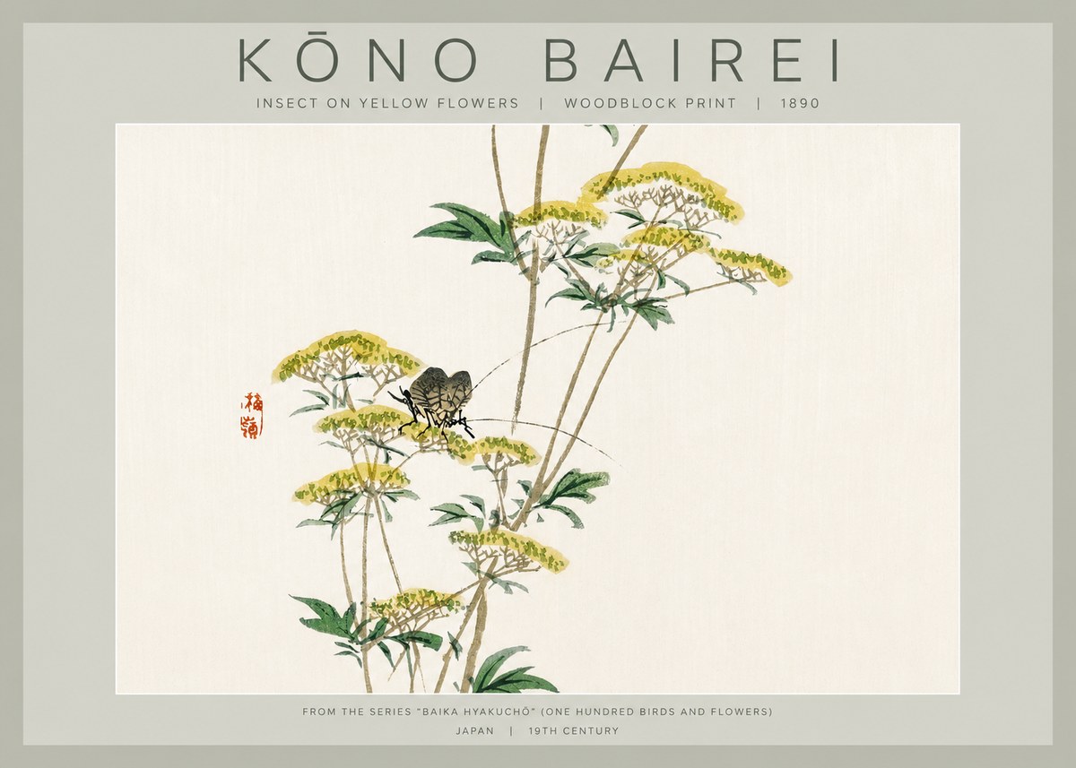 Kōno Bairei Insect on Yellow Flowers No2 - Affiche