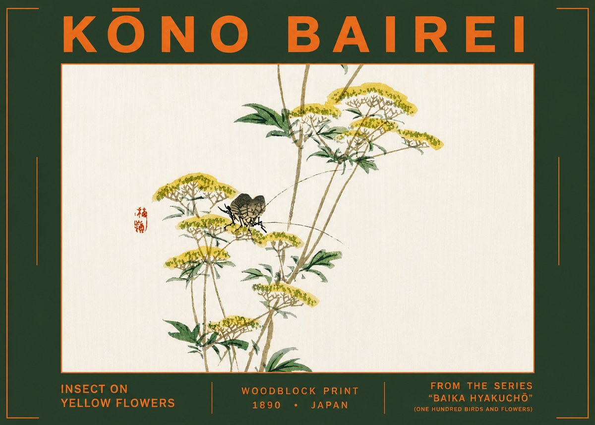 Kōno Bairei Insect on Yellow Flowers No6 - Affiche