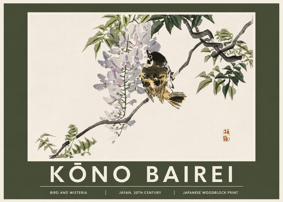 Kōno Bairei Wisteria and Bird No3 - Affiche