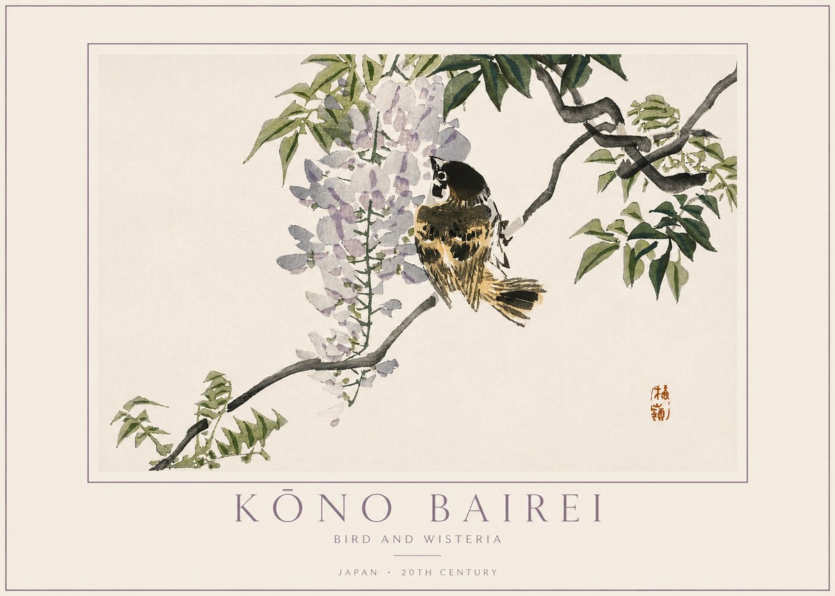 Kōno Bairei Wisteria and Bird No4 - Affiche