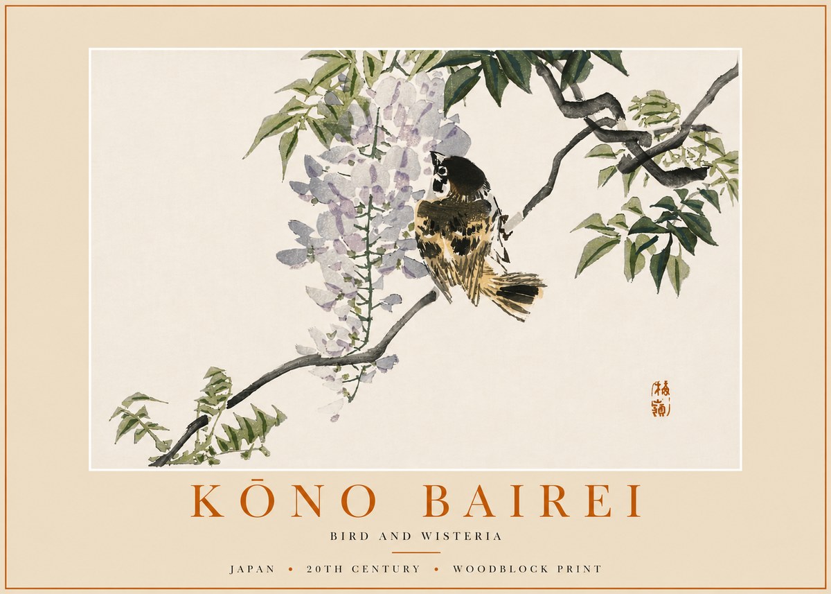 Kōno Bairei Wisteria and Bird No6 - Affiche