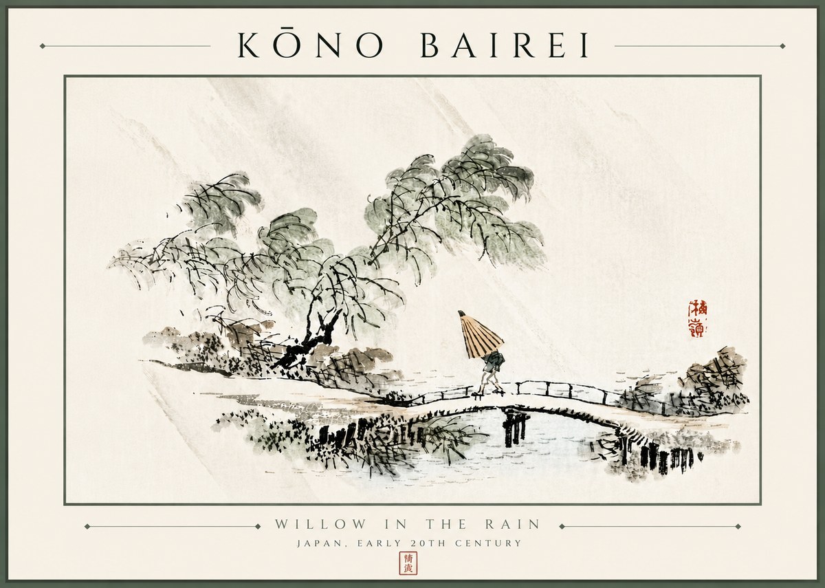 Kōno Bairei Willow in the Rain No6 - Affiche