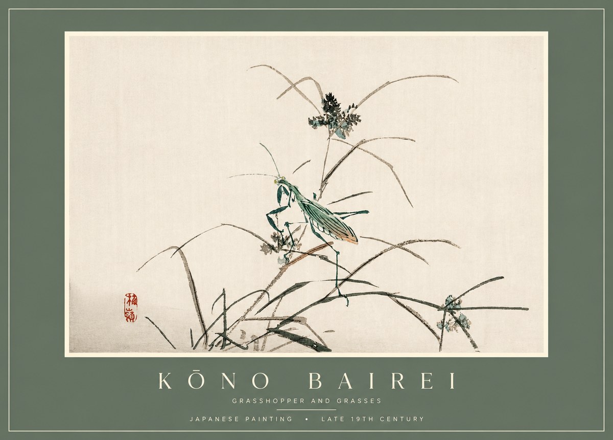 Kōno Bairei Grasshopper and Grasses No2 - Affiche