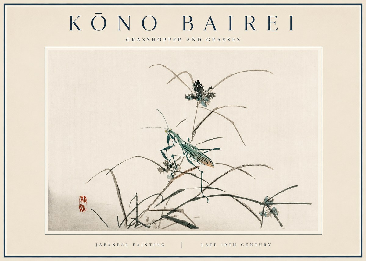 Kōno Bairei Grasshopper and Grasses No3 - Affiche