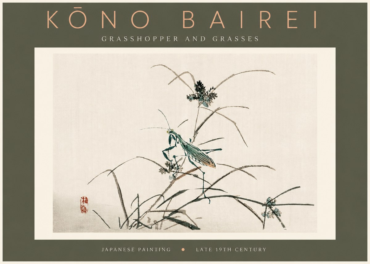 Kōno Bairei Grasshopper and Grasses No4 - Affiche