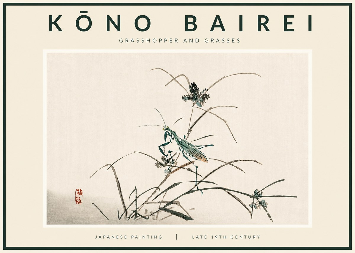 Kōno Bairei Grasshopper and Grasses No5 - Affiche