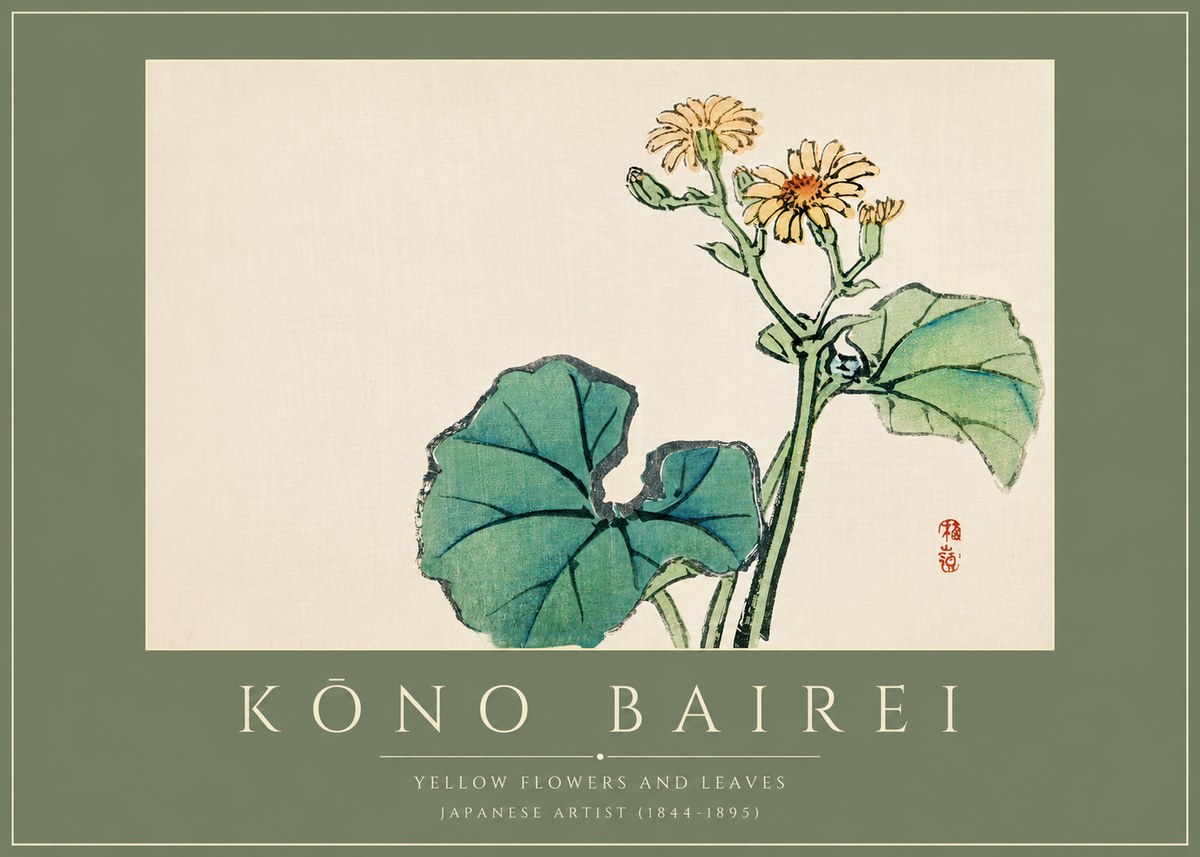Kōno Bairei Yellow Flowers and Leaves No2 - Affiche