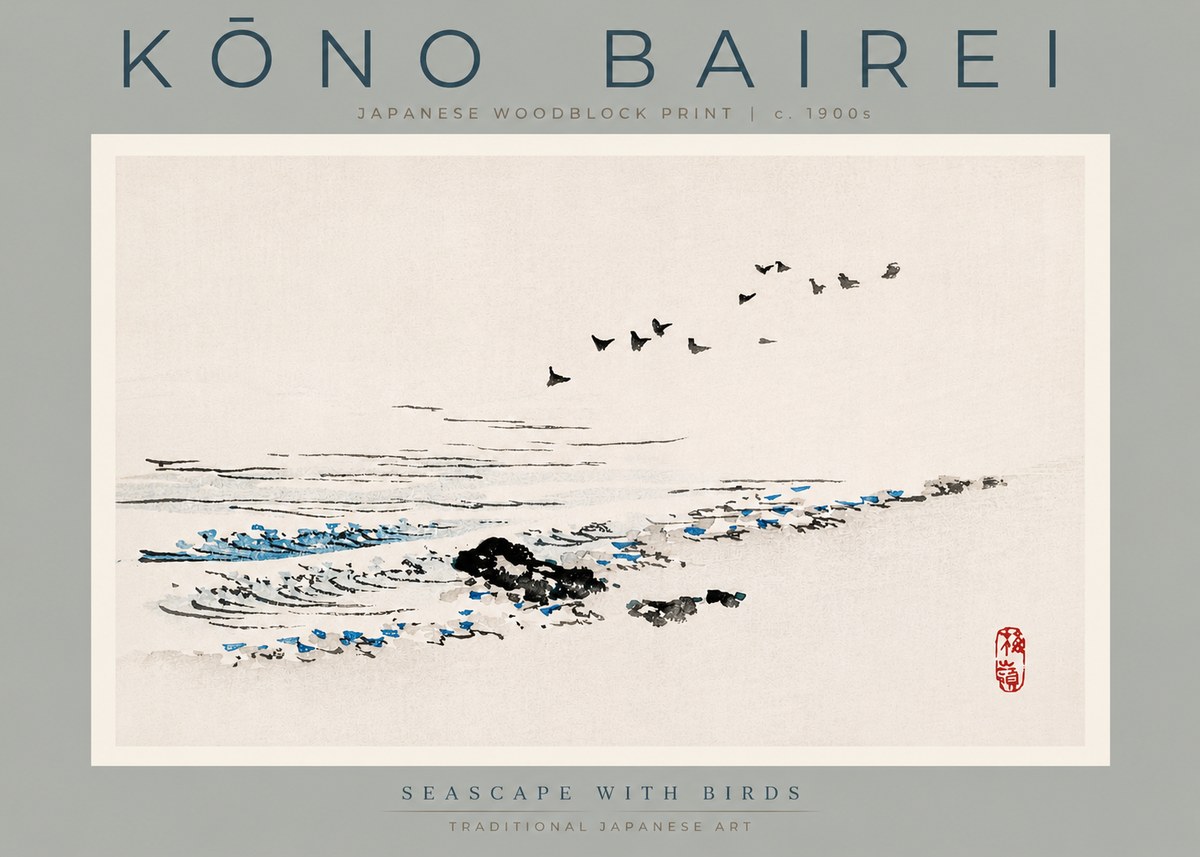Kōno Bairei Seascape with Birds No3 - Affiche