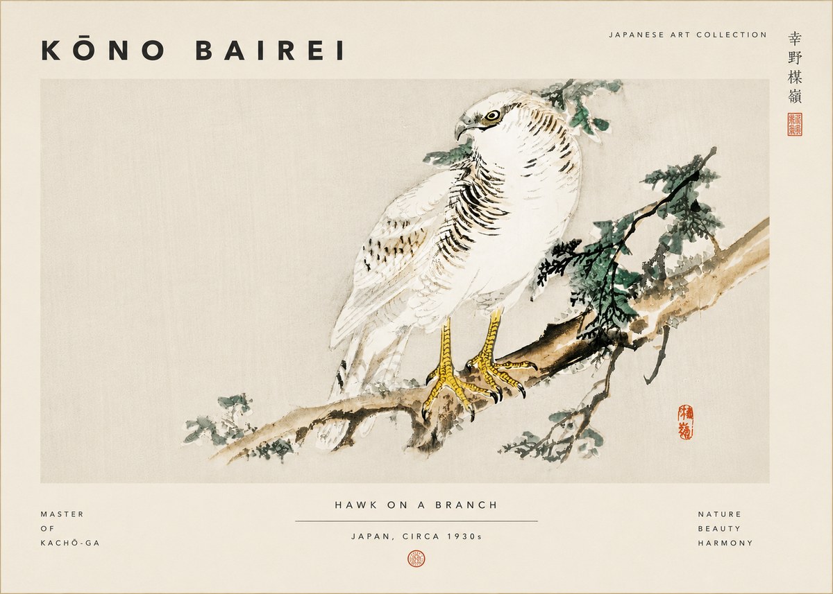 Kōno Bairei Hawk on a Branch No6 - Affiche