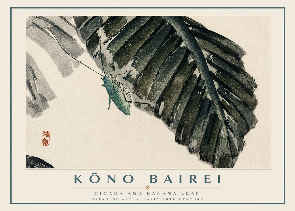Kōno Bairei Cicada and Banana Leaf No3 - Affiche