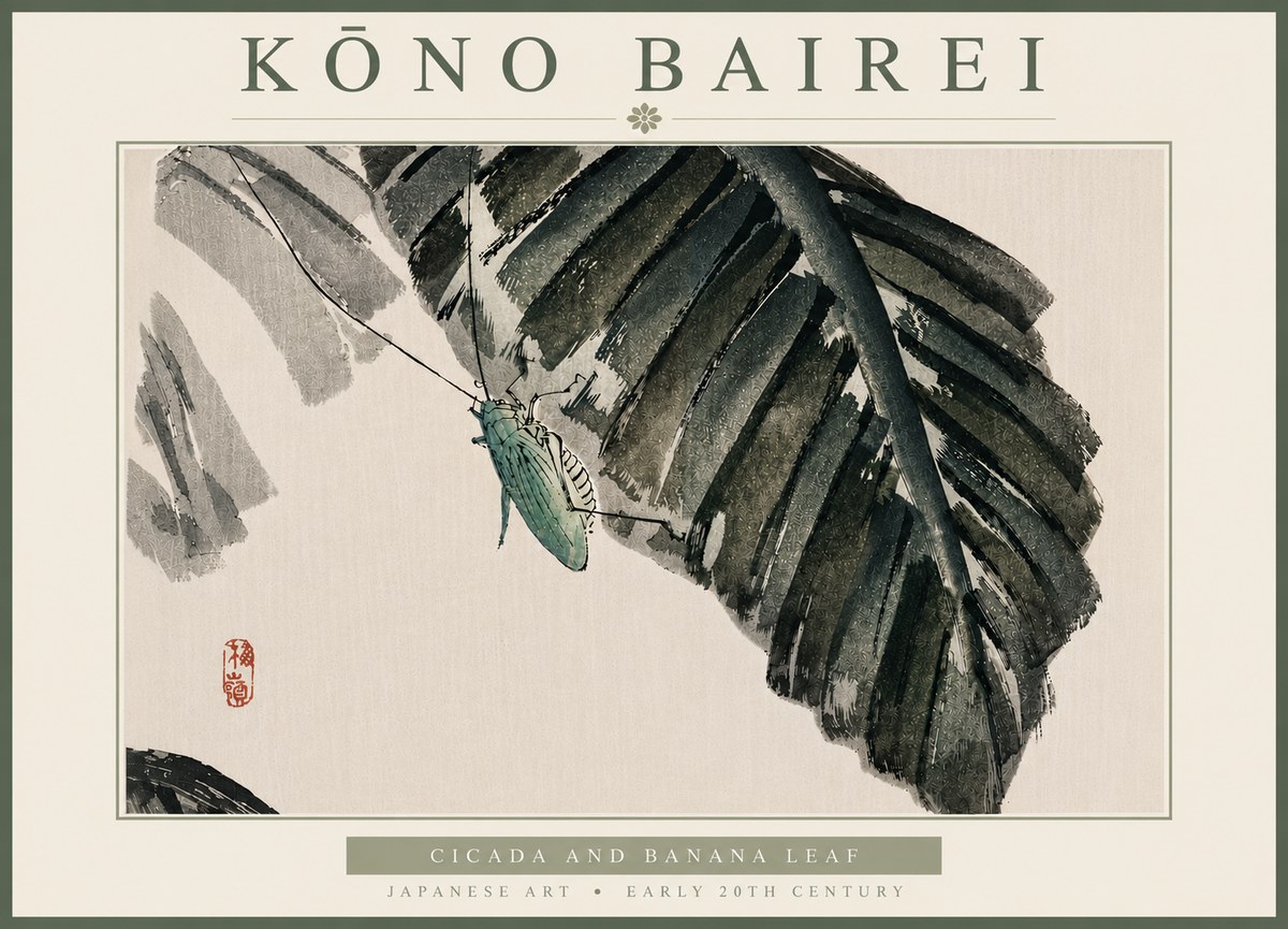 Kōno Bairei Cicada and Banana Leaf No6 - Affiche