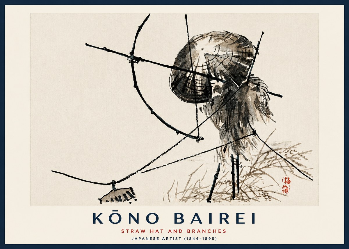 Kōno Bairei Straw Hat and Branches No3 - Affiche