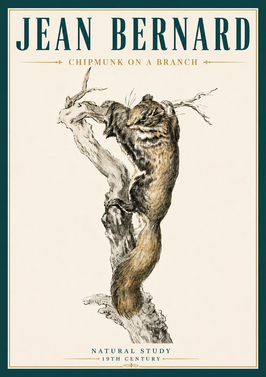 Jean Bernard Study of a Squirrel Climbing a Branch No6 - Affiche