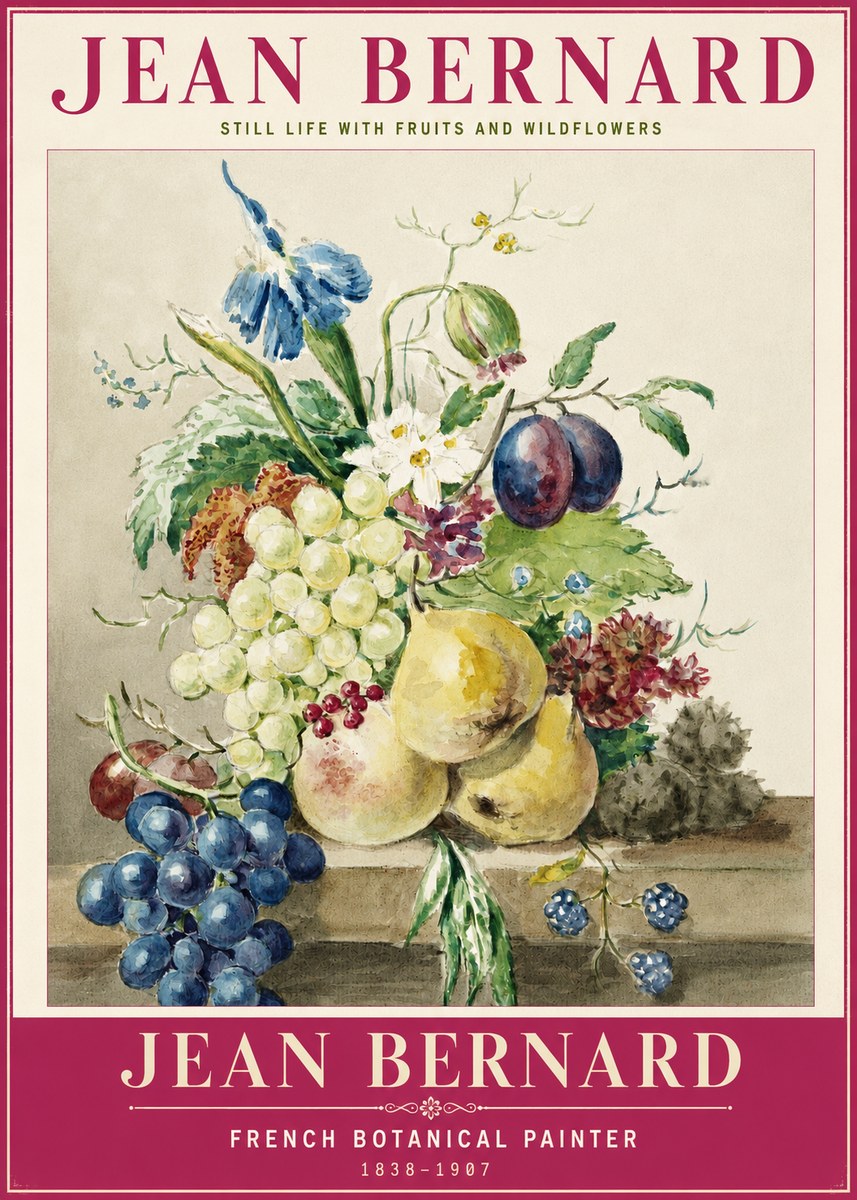 Jean Bernard Still Life with Fruits and Wildflowers No2 - Affiche