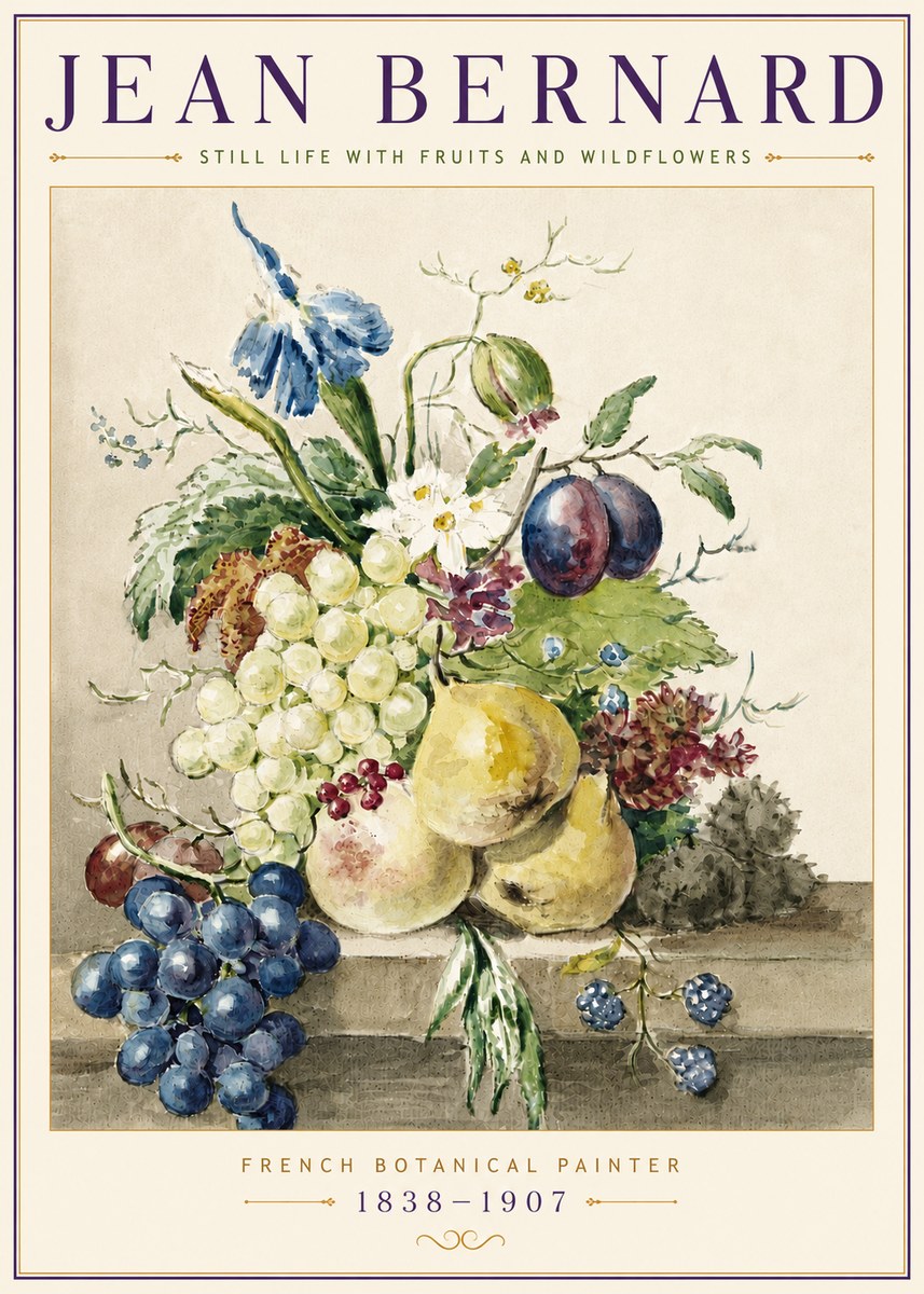 Jean Bernard Still Life with Fruits and Wildflowers No5 - Affiche