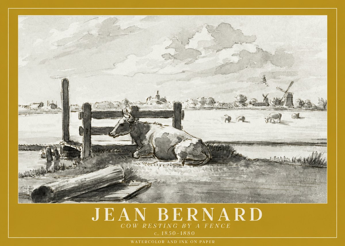 Jean Bernard Cow Resting by a Fence No1 - Affiche